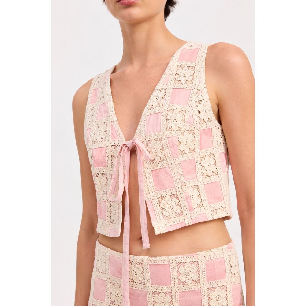 Emory Park Crochet Lace Tie Front Vest Small Pink Boho Festival Cottagecore - Picture 1 of 12